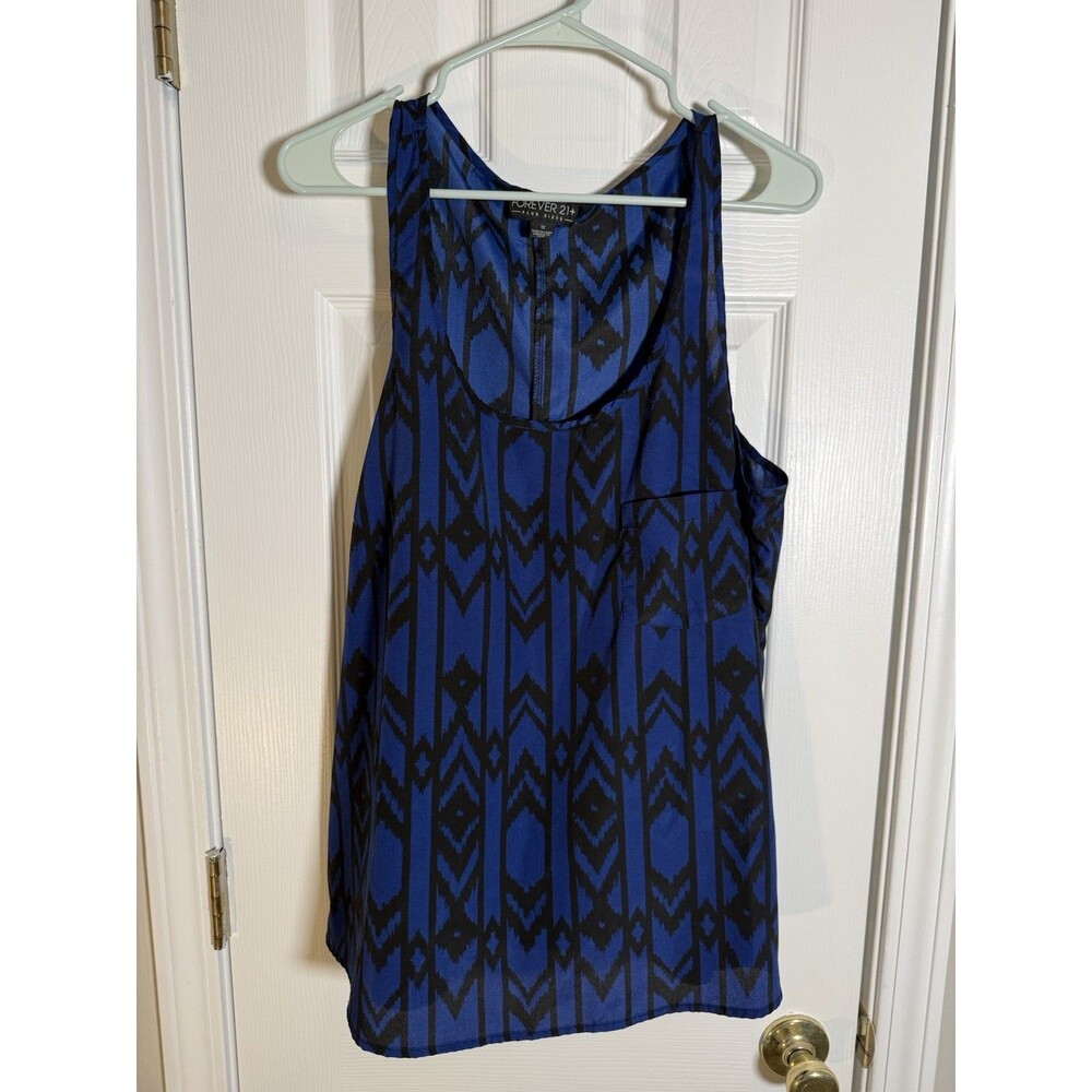 Forever 21+ Size 1X Blue Black Geometric Tribal Print Tank Top Blouse Pocket